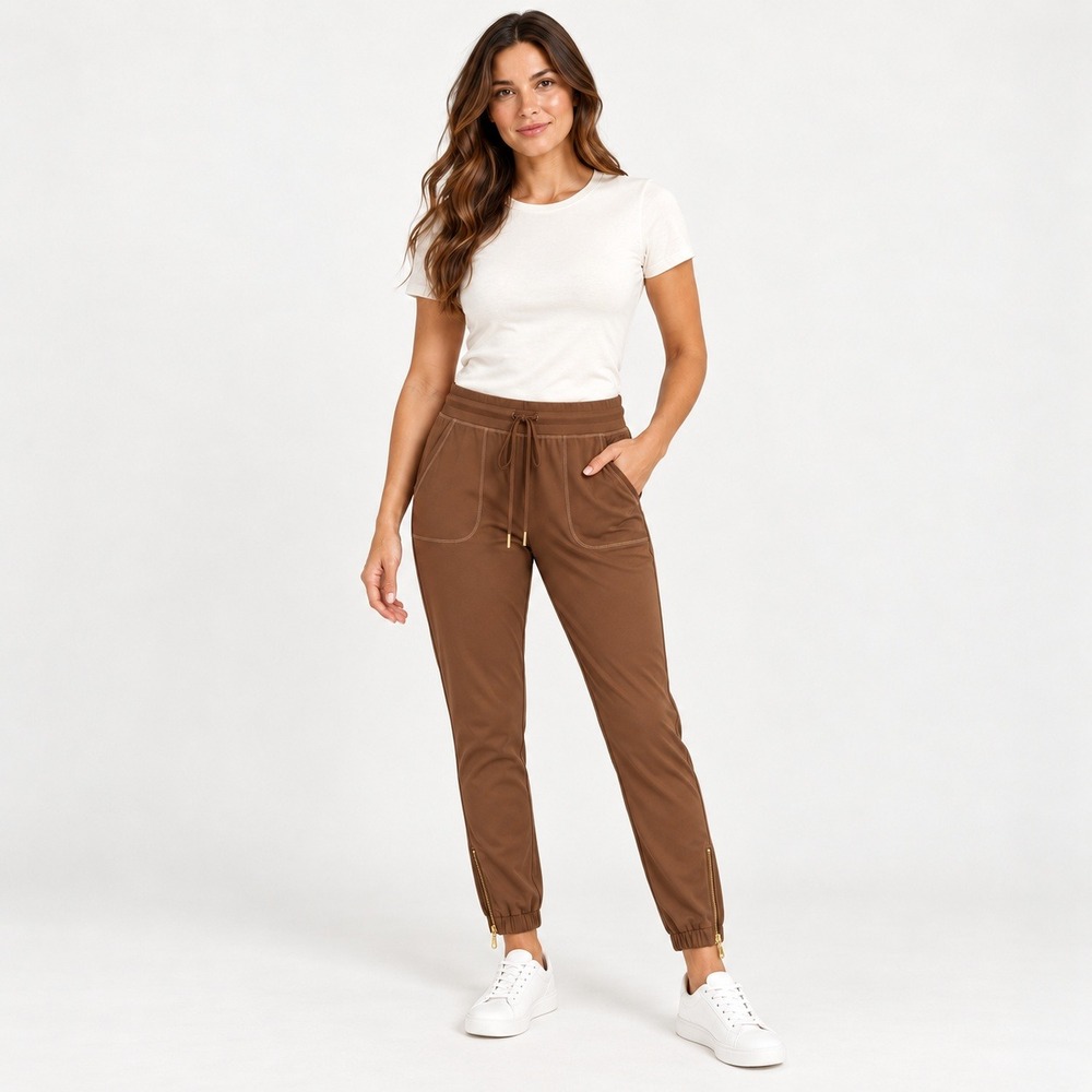 ZYIA Active Brown Peak Zipper Joggers Womens L 28" Stretch Athleisure Pockets